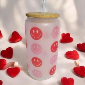 Smiley Face Frosted Glass Tumbler with Bamboo Lid